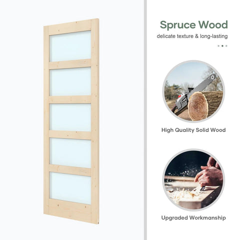 Front view of 32x84 Inch Glass Sliding Barn Door Slab With 5.5ft Hardware Kit Included, Frosted 5 Panel Glass, Spruce Wood Support