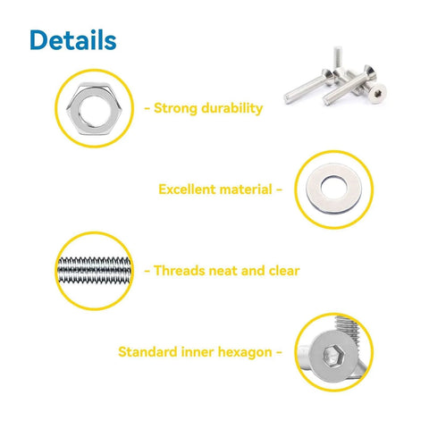 Rugged Stainless Steel Screw Set With M2 M3 M4 M5 Bolts, Flat Countersunk Socket Cap Screws, Nuts And Washers, Full Thread