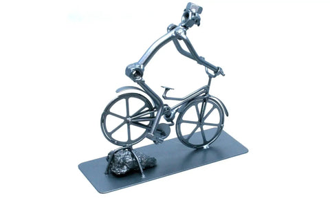 Handmade Metal Nut And Bolt Figurine For Desk Bicycle Ornament And Bike Themed Desktop Statue with cyclist on bike