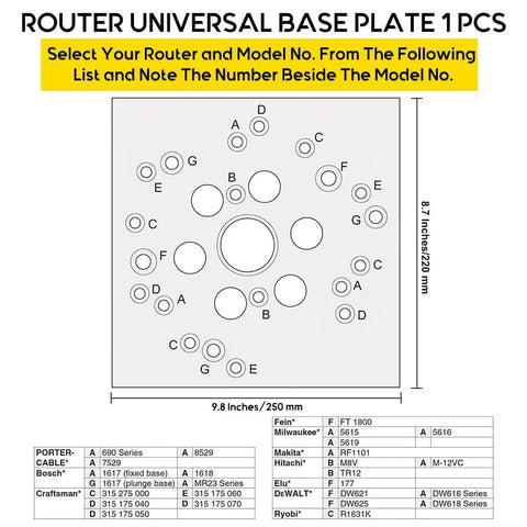 Router universal base plate with dimensions and hole alignment chart for model compatibility.