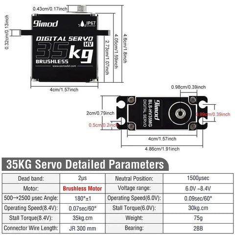 Specifications diagram of the Waterproof 35Kg Beefy Torque RC Steering Servo with Full Metal Gear, showing dimensions and specs.