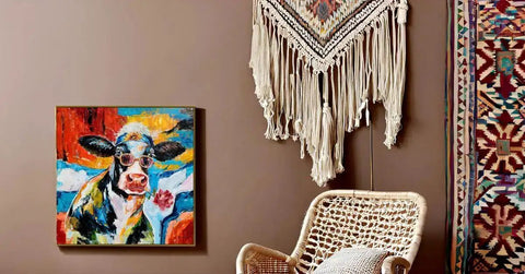 Cool Cow Portrait With Sunglasses Modern Hand Painted Textured Wall Art Framed Cow Head Floral Canvas Bold Black White Red Blue Colorway For Living Room Bedroom Or Bath A Fresh Totally Vibey Statement Piece installed on a wall in a room with a wicker chair and decorative hanging.