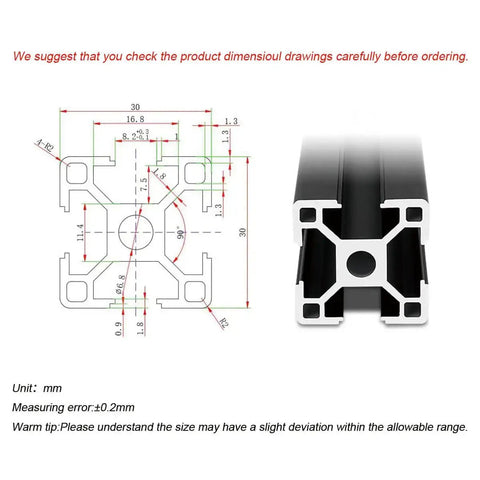 T Slot Aluminum Extrusion 3030 Black Set Of 4 1000mm Rails diagram and profile view