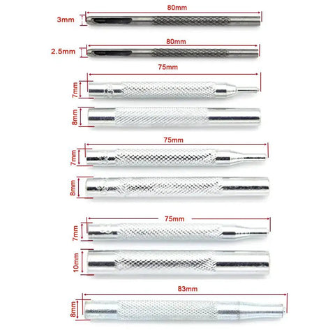 Pro Grade Heavy Duty Die Punch Snap Kit Rivet Setter With Base, close-up of hollow punches with marked sizes