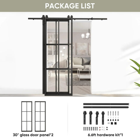 Bypass Double Glass Barn Door Set With 6.6Foot Side Mounted Hardware Kit showing two 30x84 inch aluminum framed glass panels.