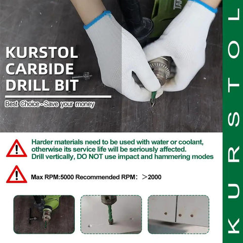 Person using Kurstol carbide drill bit on wood with guidance for proper use and RPM recommendations displayed.