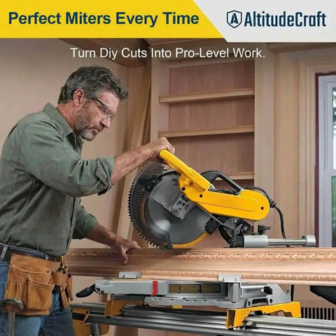 Man using DEWALT miter saw with Crown Stops For Miter Saw That Make 45 Degree Crown Cuts A No Brainer Heavy Duty Crown Molding Jig By AltitudeCraft Fits DEWALT DWS780 DW718 DW716 And Other DEWALT Models Reduces Bevel Adjustments And Wasteful Test Pieces in workshop