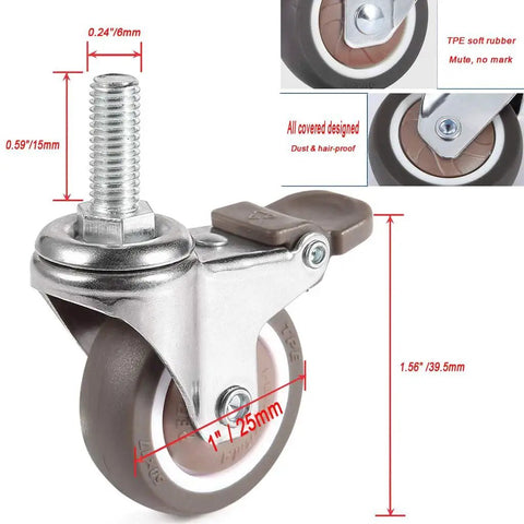 Mini 1 Inch Swivel Threaded Stem Casters M6x15mm with TPE quiet wheels chrome plated steel frame heavy duty 99 lb capacity