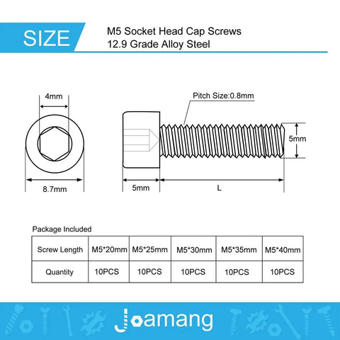 Diagram of M5 Hex Socket Head Cap Screws Set With 20mm, 25mm, 30mm, 35mm, 40mm Lengths, 12.9 Grade Alloy Steel