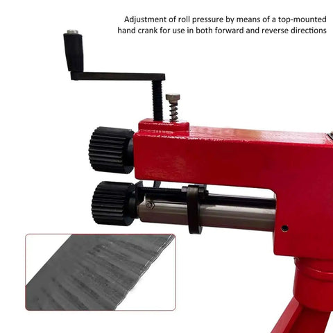 Close-up of red Bead Roller Tool For Metal Fabrication With 6 Adjustable Dies, featuring hand crank for precise flaring.
