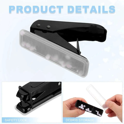 Heavy Duty One Hole Paper Punch, ergonomic non-slip grip, black, showing safety lock, debris storage, 6mm hole punch, 3 pack set