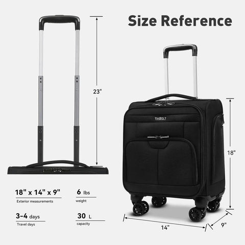 Underseat Carry On Luggage With Wheels Soft Side 16 Inch Travel Bag For Airlines Lightweight For Men Women Pilots Crew With TSA Lock 30L Capacity TIAWOLT, size reference with dimensions 18" x 14" x 9"