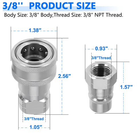 Cplbrb 3/8 in NPT hydraulic quick couplers, Ag ISO 7241-B Pioneer style with poppet valves and dust caps, 2 sets