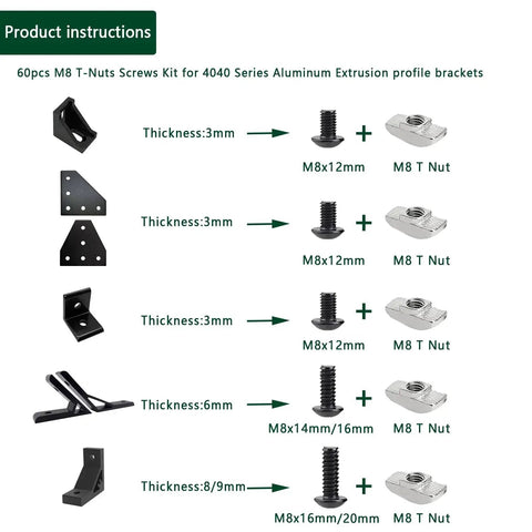 Product instructions for 60Pcs 4040 Aluminum Extrusion Hardware Kit With M8 T Nuts And Screws For 10mm T Slot Rail includes diagrams.