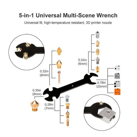 5-in-1 wrench with 3D printer nozzles and components, part of the 43-Piece Pro 3D Printer Tools Kit With Grab-And-Go All-In-One Maintenance And Cleaning Set For FDM And SLA Printers Includes Nozzle Cleaners Scrapers Brushes Wire Cutters Engraving Knife Files And More.