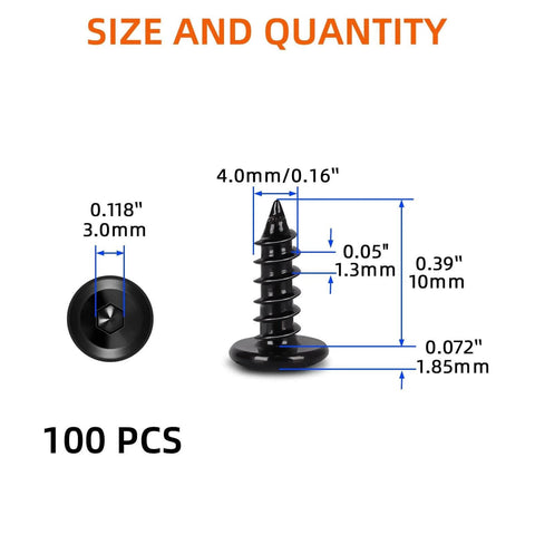 Beefy M4 X 10mm Flat Head Socket Cap Self Tapping Screws In 304 Stainless Steel With Black Finish, Hex Drive, measurements shown