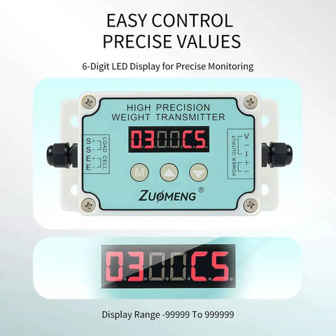 Industrial Load Cell Amplifier Transmitter With Unit Switching For Scales And Automation Converts Microvolt Signals To Four To Twenty Milliamps Or Zero To Ten Volt Output Auto Calibration Five Volt Excitation And One To Ninety Nine Digital Filtering Easy with 6-digit LED display for precise monitoring.