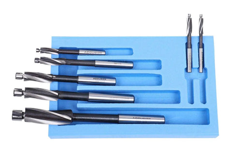 H.S.S. Solid Cap Screw Counterbore Set, 7 Piece, 3 Flute, Straight Shank, Inch Size Counterbores for Cap Screws in blue holder