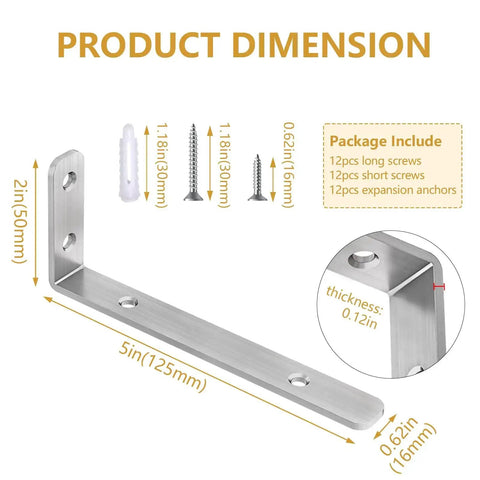 Diagram of L Shaped Corner Bracket 5 By 2 Inches, Beefy Heavy Duty Stainless Steel, Rust Proof Matte Black Finish with screws and anchors