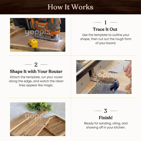 Charcuterie Board Router Template Kit Pro-Grade 9-Piece 6mm Thick Acrylic Template Set for woodworking demonstration steps.
