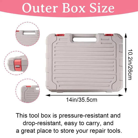 Pink 103 Piece DIY Tool Kit In A Compact Storage Case Built For Women And Beginners With Outer Box Size Dimensions