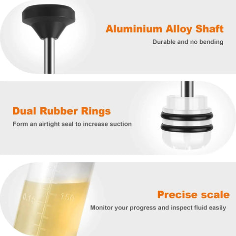 Details of Automotive Fluid Extractor Pump With 32 Inch Hose 9 Inch Tubes Oil Change showing aluminum shaft, rubber rings, scale.