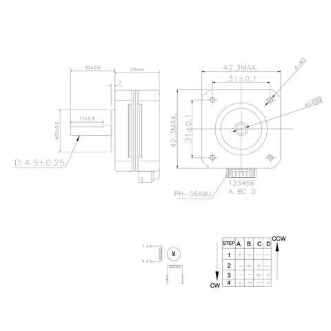 Technical blueprint of Nema 17 Stepper Motors Kit, 5 Pack, 42x23mm 42BYGH, 4 lead wire, 1m cable, 130 mNm torque