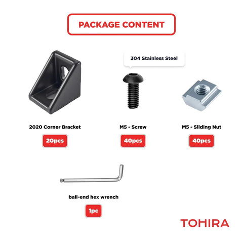 Package contents of 20 Sets Black 2020 Series Aluminum Extrusion Corner Bracket Kit with connectors, M5 screws, nuts, and wrench.
