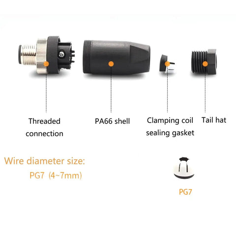 M12 4 Pin A Code Circular Connector IP67 sensor ready parts including PA66 shell and clamping coil for PG7 industrial use