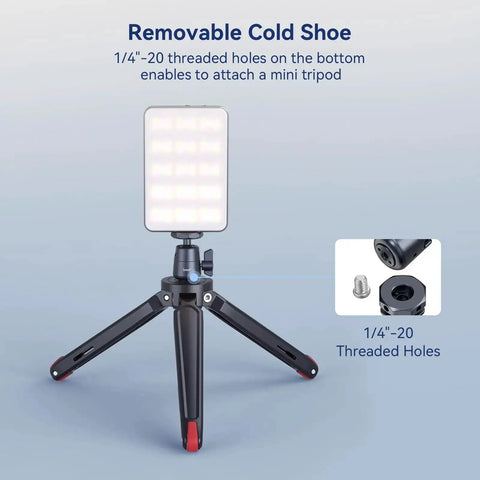 Two Pack Pro Grade Mini Ball Head with removable cold shoe mount on tripod, 1/4 inch threaded holes visible, holding LED light