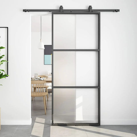 Dope 36-Inch By 84-Inch Frosted Glass Barn Door With Six-Foot Top Mounted Hardware Kit on bathroom wall