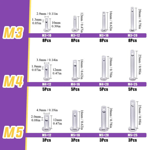 304 Stainless Steel Clevis Pin Set Kit, 64 Pieces, M3 M4 M5, 12 Pin Types Including Flat Head With Hole, T Shape And Round Pins