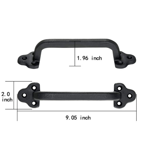 Rustic 9 Inch Cast Iron Sliding Barn Door Handle 2 Pack Black Vintage Gate Pull For Interior Doors Cabinets Drawers Outdoor Garage Closet Durable Cast Iron Construction Rust Resistant Matte Black Finish Easy Install Antique Style Hardware For Barn Doors, dimensions shown.