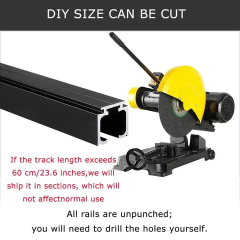 Concealed Track Barn Door Kit With Silent Aluminum Rail And Stainless Steel Rollers, DIY cuttable size shown next to cutter