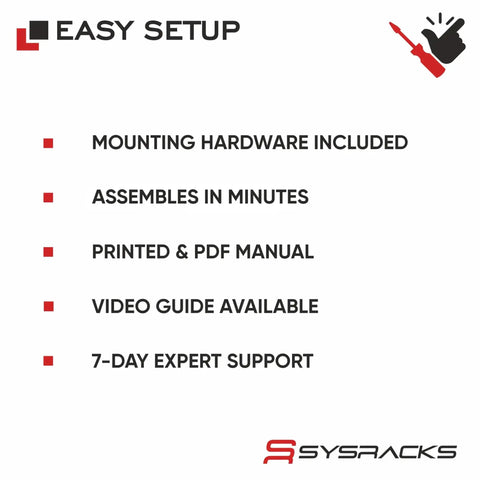 Features list for Quiet Sound Dampened 19 Inch Server Rack Cabinet highlighting easy setup, mounting hardware, and 7-day support.