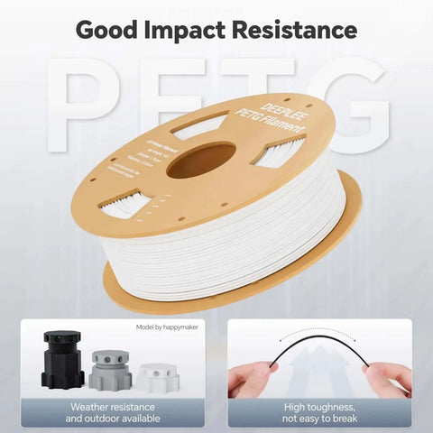 Spool of white PetG 3D printer filament showcasing impact resistance and flexibility with inserts of printed parts and bending test.