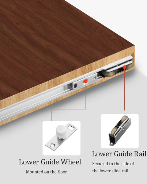 Close-up of Invisible Sliding Door Hardware Track System Kit for Bedroom Doors with lower guide wheel and rail.