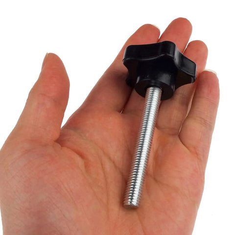 Hand holding 2 Pack M8 x 60mm Thread Replacement Star Hand Knob Tightening Screw with black plastic knob and metal thread.