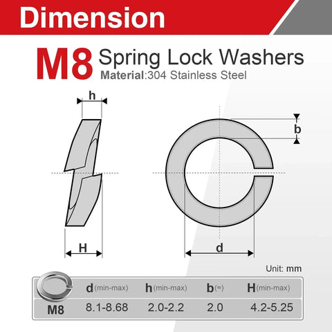 M8 Stainless Steel Split Lock Washers Set, 40 Pcs, diagram showing dimensions and 304 stainless steel material details.