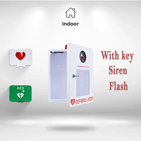 AED Defibrillator Cabinet With Key And Alarm For Offices Nursing Homes And Public Places, showing door, key, and siren flash.
