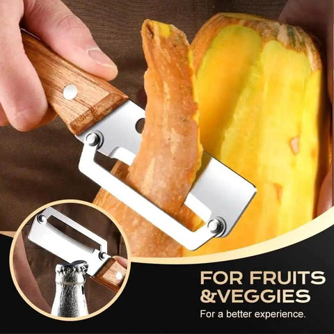 Close-up of Two Pack 2 In 1 Veggie Peeler And Bottle Opener With Stainless Steel Blade and Wooden Handle peeling a vegetable
