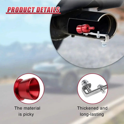 Universal Car Exhaust Whistle Aluminum Alloy Tail Pipe Roar Sound Booster installed on car exhaust, detailed view.