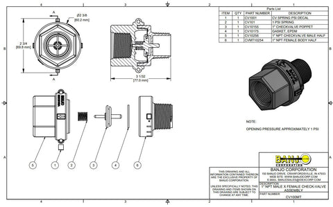 Banjo CV100MT 1 in NPT check valve, polypropylene; technical drawing with front, side, sectional views and 3D render.