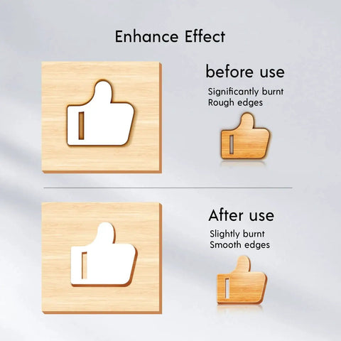 Comparison of laser engraving effects on wood with "before use" showing rough edges and "after use" with smooth edges using Honeycomb Laser Bed And Working Table Kit For Engravers With Pro Grade Heat Dissipation And Desk Protection Fifteen Point Seven By Fifteen Point Seven Inches Compatible With Most Laser Engraving Machines.