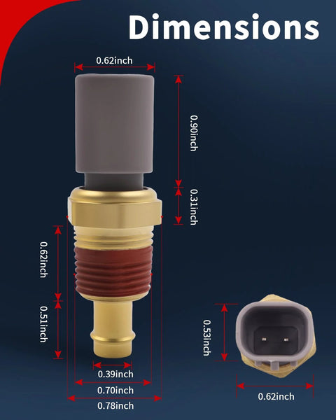 Front view of VEHICODE engine coolant temperature sensor; brass threaded body, gray top, 0.62 in dia, 0.90 in length.