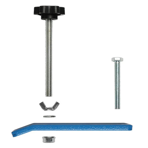Four Pack Hold Down Clamp Kit For CNC Routers with components, 3.35 In L x 0.80 In W x 2.70 In H, laid out separately