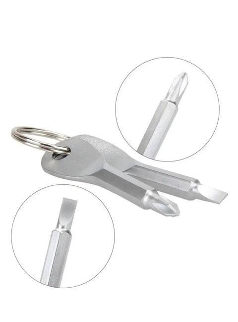 Two Pack Mini Key Shape Screwdriver Set With Flathead And Phillips Bits, Stainless Steel Key Chain Tools, close-up of tools
