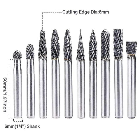Tungsten Carbide Burr Set 10 Piece One Quarter Inch Shank Double Cut Rotary Burrs For Die Grinder Steel Metal Woodworking