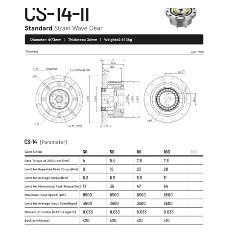 Technical diagram of CS 14 II Harmonic Drive CSF 14 II Strain Wave Gear Reducer with specifications for automation use.