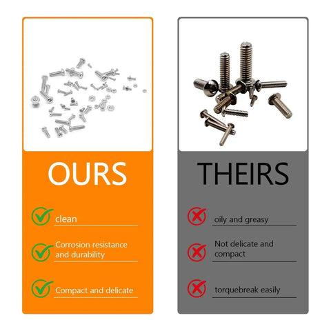 Comparison of 304 Stainless Steel Metric Micro Screws And Nuts Set 1110 Pcs Assortment M1 To M2.5 with generic screws, showcasing quality differences